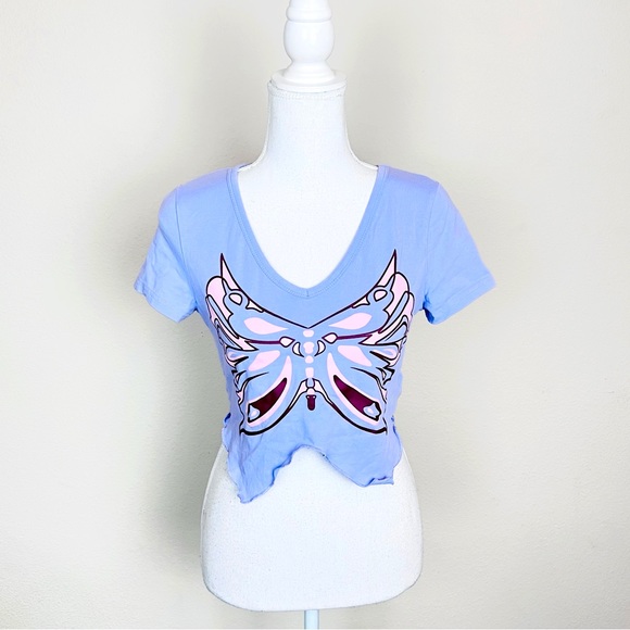 Lavender, Pink & Brown Butterfly Lettuce Hem Asymmetrical Short Sleeve Crop Top - Picture 6 of 8